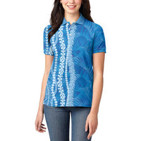 Hawaii Prince Kuhio Women Polo Shirt Blue Hawaiian Lau Maia With Leis