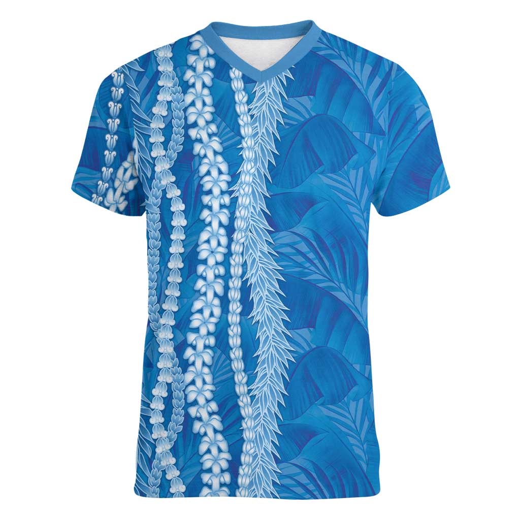 Hawaii Prince Kuhio Women V-Neck T-Shirt Blue Hawaiian Lau Maia With Leis LT05 Female Blue - Polynesian Pride