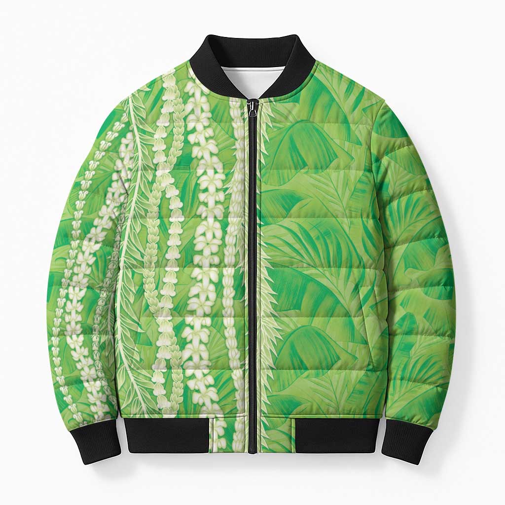 Hawaii Prince Kuhio Bomber Puffer Jacket Lime Green Hawaiian Lau Maia With Leis LT05 Unisex Green - Polynesian Pride