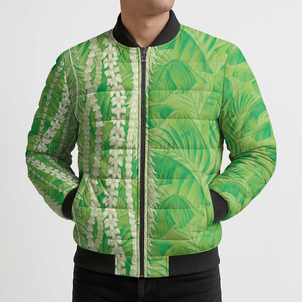 Hawaii Prince Kuhio Bomber Puffer Jacket Lime Green Hawaiian Lau Maia With Leis LT05 - Polynesian Pride