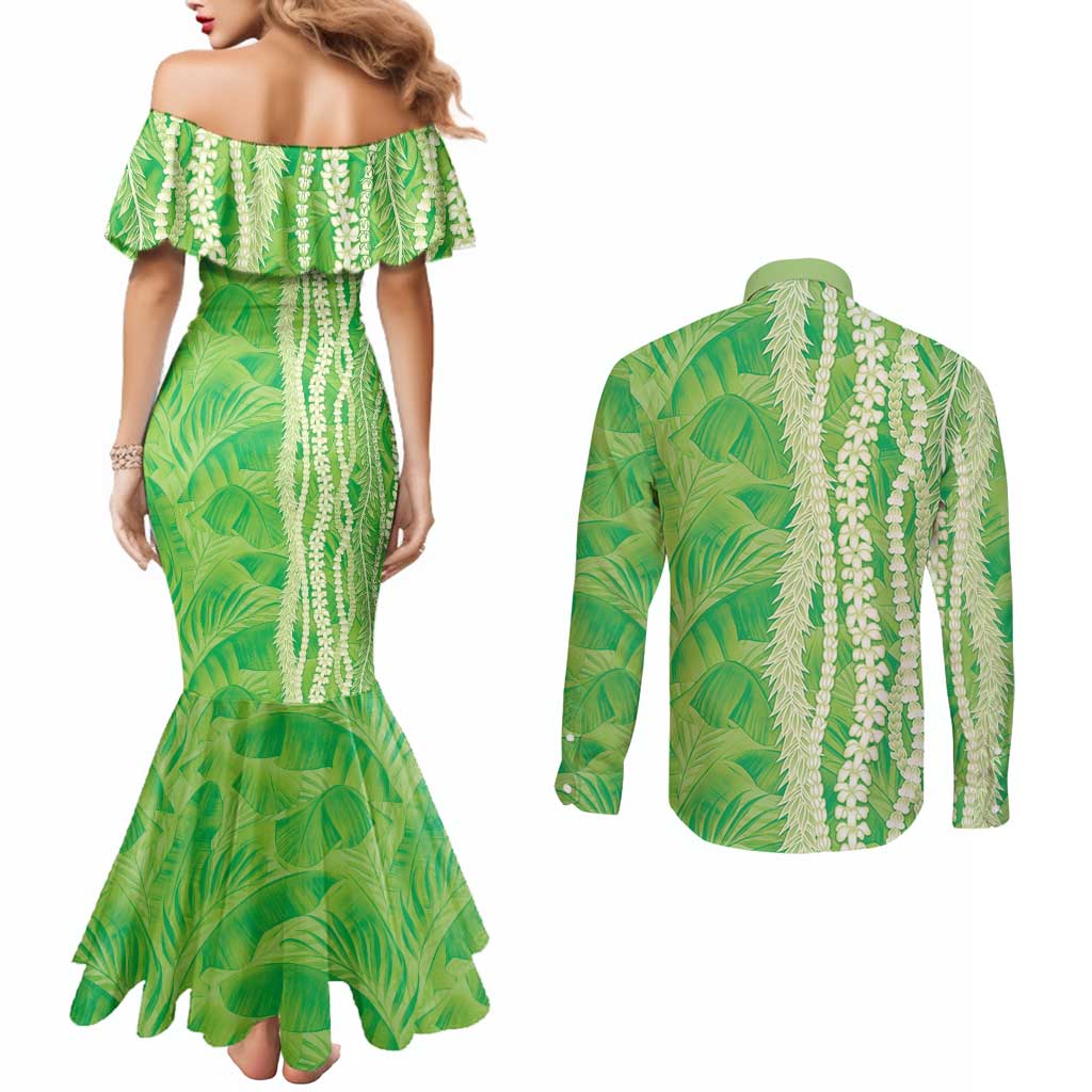 Hawaii Prince Kuhio Couples Matching Mermaid Dress and Long Sleeve Button Shirt Lime Green Hawaiian Lau Maia With Leis