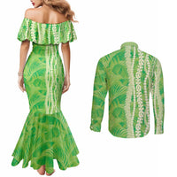 Hawaii Prince Kuhio Couples Matching Mermaid Dress and Long Sleeve Button Shirt Lime Green Hawaiian Lau Maia With Leis