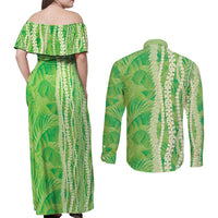 Hawaii Prince Kuhio Couples Matching Off Shoulder Maxi Dress and Long Sleeve Button Shirt Lime Green Hawaiian Lau Maia With Leis