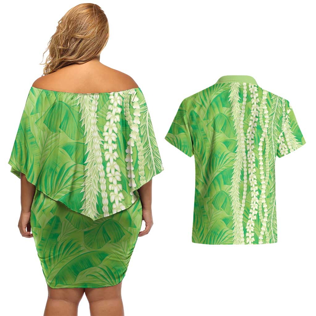 Hawaii Prince Kuhio Couples Matching Off Shoulder Short Dress and Hawaiian Shirt Lime Green Hawaiian Lau Maia With Leis