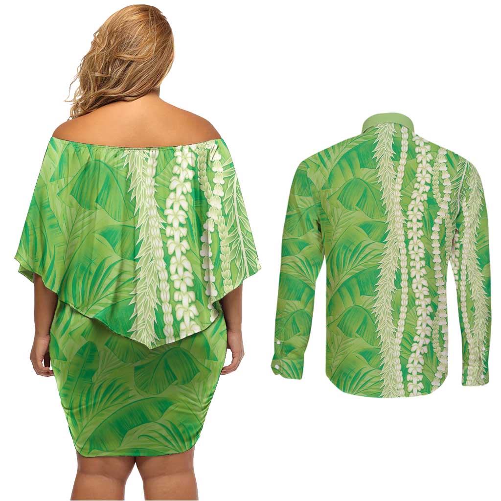 Hawaii Prince Kuhio Couples Matching Off Shoulder Short Dress and Long Sleeve Button Shirt Lime Green Hawaiian Lau Maia With Leis