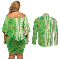 Hawaii Prince Kuhio Couples Matching Off Shoulder Short Dress and Long Sleeve Button Shirt Lime Green Hawaiian Lau Maia With Leis