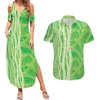 Hawaii Prince Kuhio Couples Matching Summer Maxi Dress and Hawaiian Shirt Lime Green Hawaiian Lau Maia With Leis