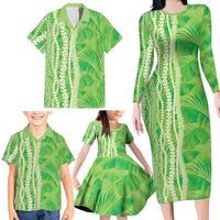 Hawaii Prince Kuhio Family Matching Long Sleeve Bodycon Dress and Hawaiian Shirt Lime Green Hawaiian Lau Maia With Leis