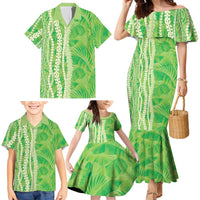 Hawaii Prince Kuhio Family Matching Mermaid Dress and Hawaiian Shirt Lime Green Hawaiian Lau Maia With Leis