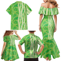 Hawaii Prince Kuhio Family Matching Mermaid Dress and Hawaiian Shirt Lime Green Hawaiian Lau Maia With Leis
