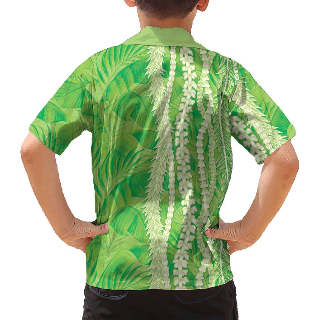Hawaii Prince Kuhio Family Matching Off The Shoulder Long Sleeve Dress and Hawaiian Shirt Lime Green Hawaiian Lau Maia With Leis