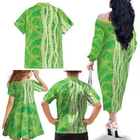 Hawaii Prince Kuhio Family Matching Off The Shoulder Long Sleeve Dress and Hawaiian Shirt Lime Green Hawaiian Lau Maia With Leis