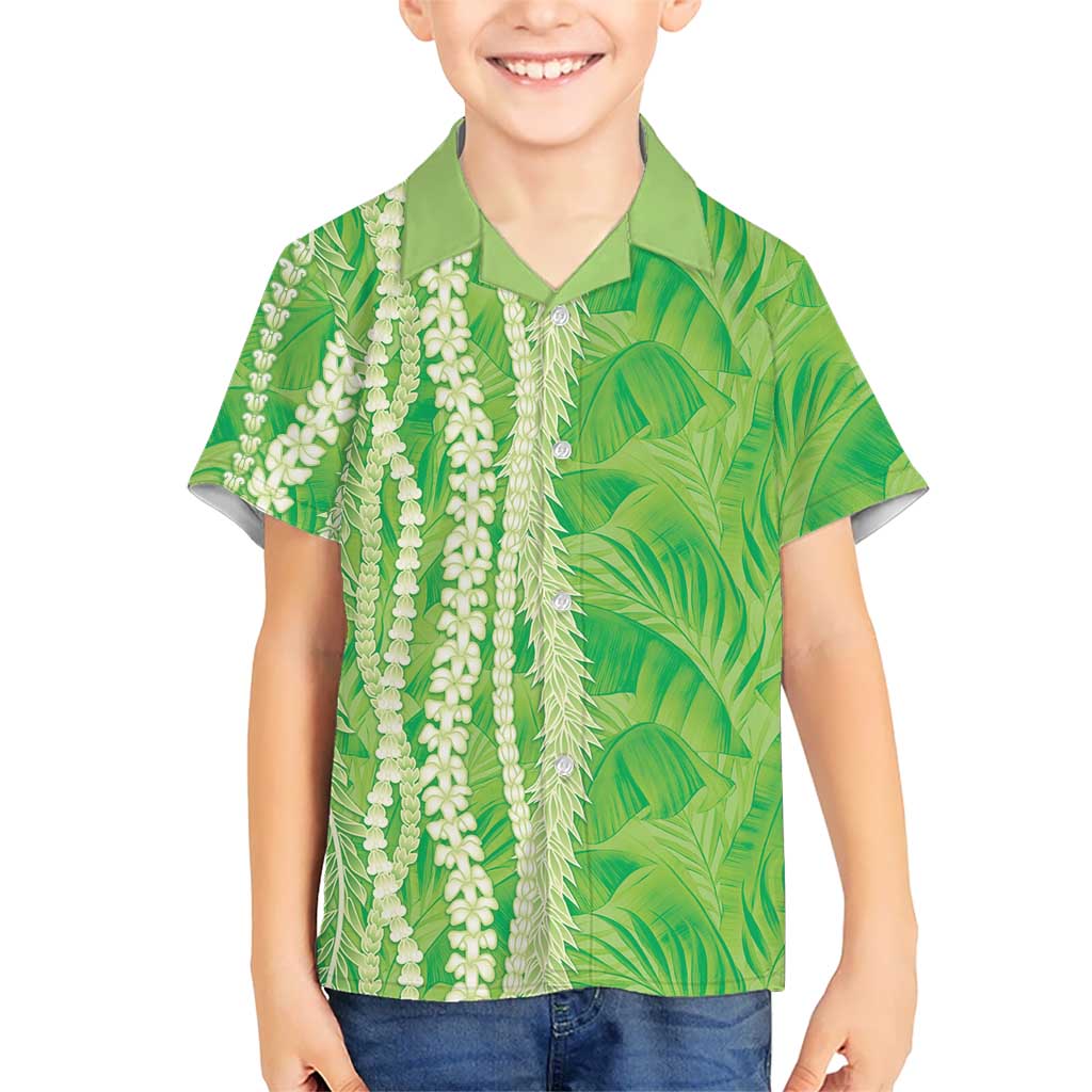 Hawaii Prince Kuhio Family Matching Off The Shoulder Long Sleeve Dress and Hawaiian Shirt Lime Green Hawaiian Lau Maia With Leis