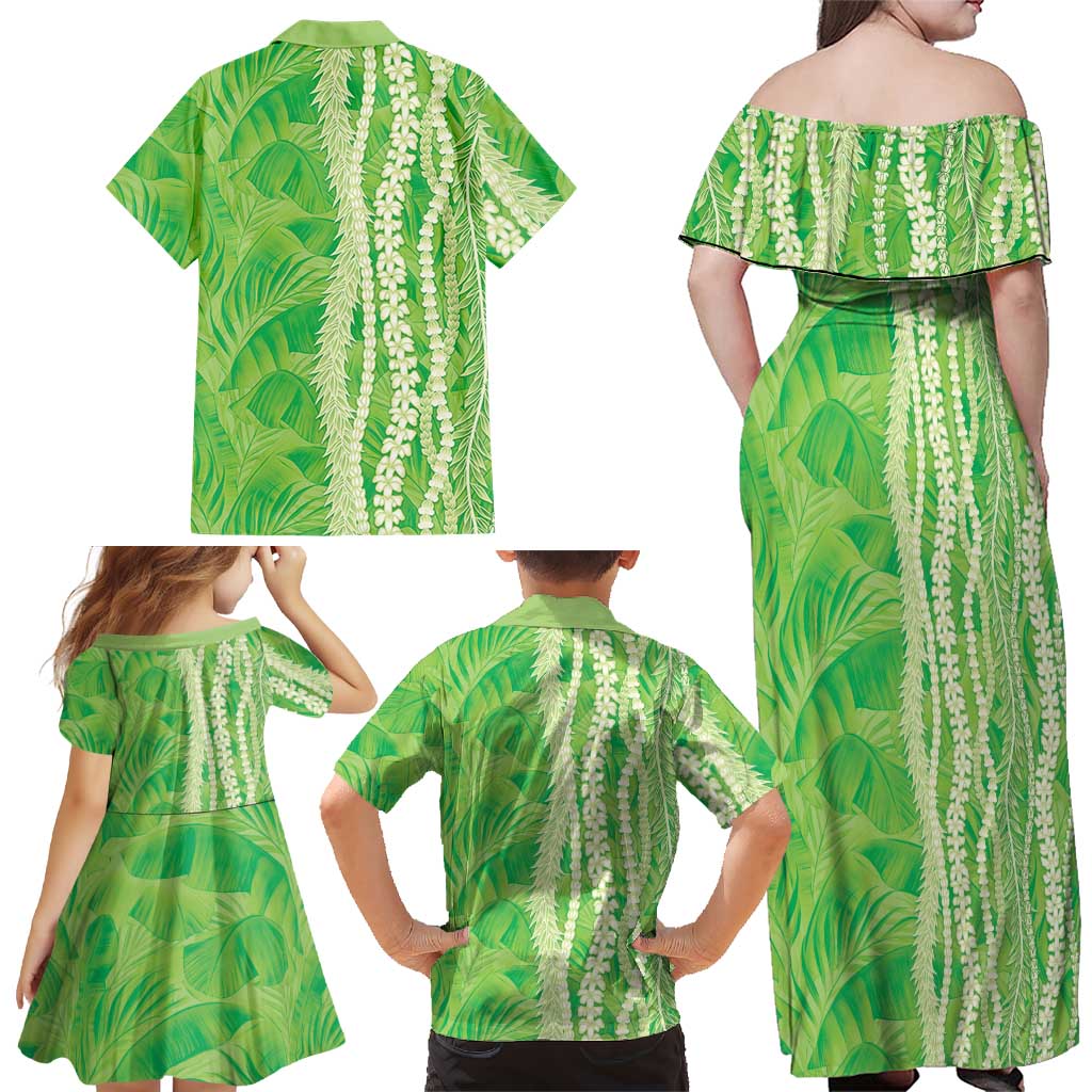 Hawaii Prince Kuhio Family Matching Off Shoulder Maxi Dress and Hawaiian Shirt Lime Green Hawaiian Lau Maia With Leis