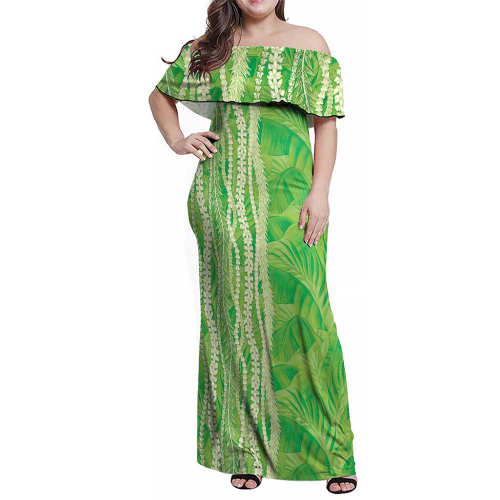 Hawaii Prince Kuhio Family Matching Off Shoulder Maxi Dress and Hawaiian Shirt Lime Green Hawaiian Lau Maia With Leis