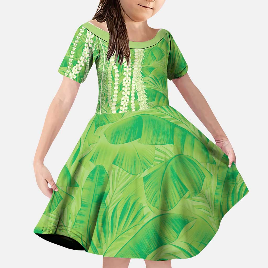Hawaii Prince Kuhio Family Matching Off Shoulder Short Dress and Hawaiian Shirt Lime Green Hawaiian Lau Maia With Leis