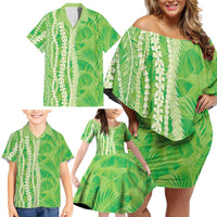 Hawaii Prince Kuhio Family Matching Off Shoulder Short Dress and Hawaiian Shirt Lime Green Hawaiian Lau Maia With Leis