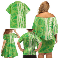 Hawaii Prince Kuhio Family Matching Off Shoulder Short Dress and Hawaiian Shirt Lime Green Hawaiian Lau Maia With Leis