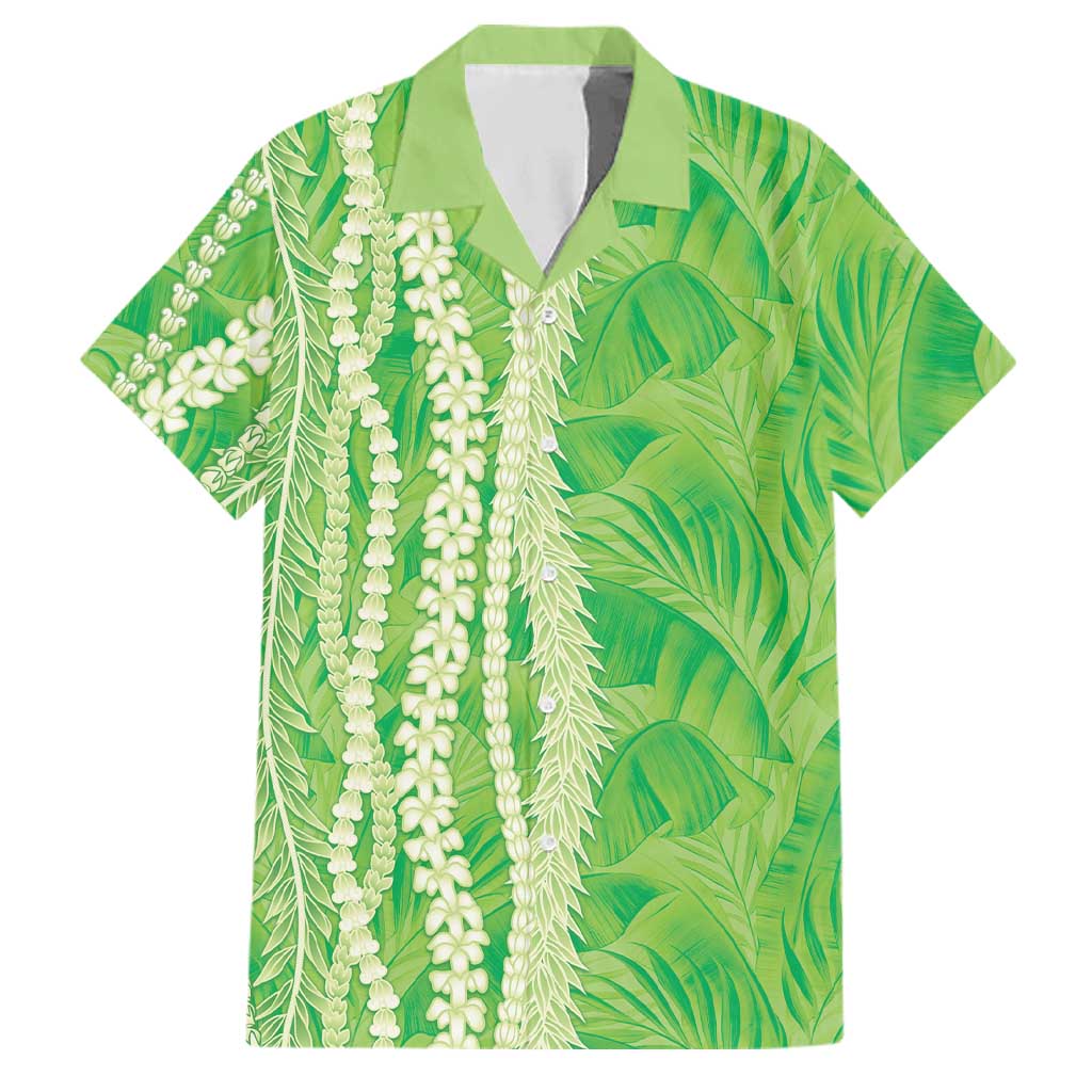 Hawaii Prince Kuhio Family Matching Off Shoulder Short Dress and Hawaiian Shirt Lime Green Hawaiian Lau Maia With Leis