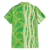 Hawaii Prince Kuhio Family Matching Off Shoulder Short Dress and Hawaiian Shirt Lime Green Hawaiian Lau Maia With Leis