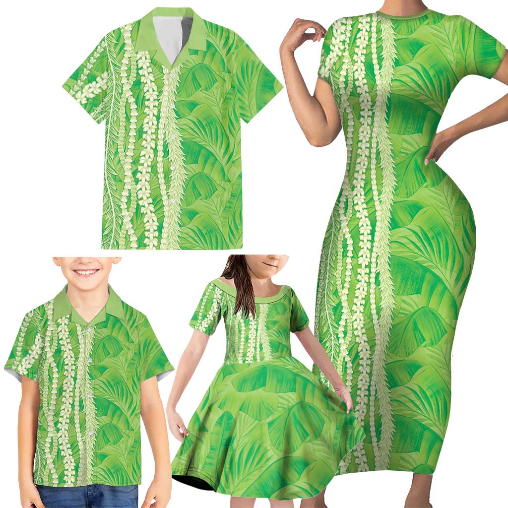 Hawaii Prince Kuhio Family Matching Short Sleeve Bodycon Dress and Hawaiian Shirt Lime Green Hawaiian Lau Maia With Leis