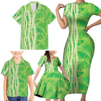 Hawaii Prince Kuhio Family Matching Short Sleeve Bodycon Dress and Hawaiian Shirt Lime Green Hawaiian Lau Maia With Leis