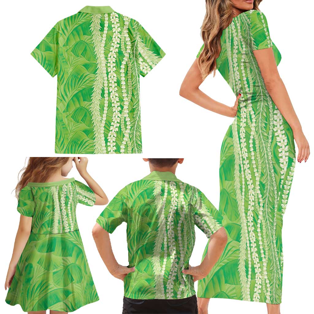 Hawaii Prince Kuhio Family Matching Short Sleeve Bodycon Dress and Hawaiian Shirt Lime Green Hawaiian Lau Maia With Leis