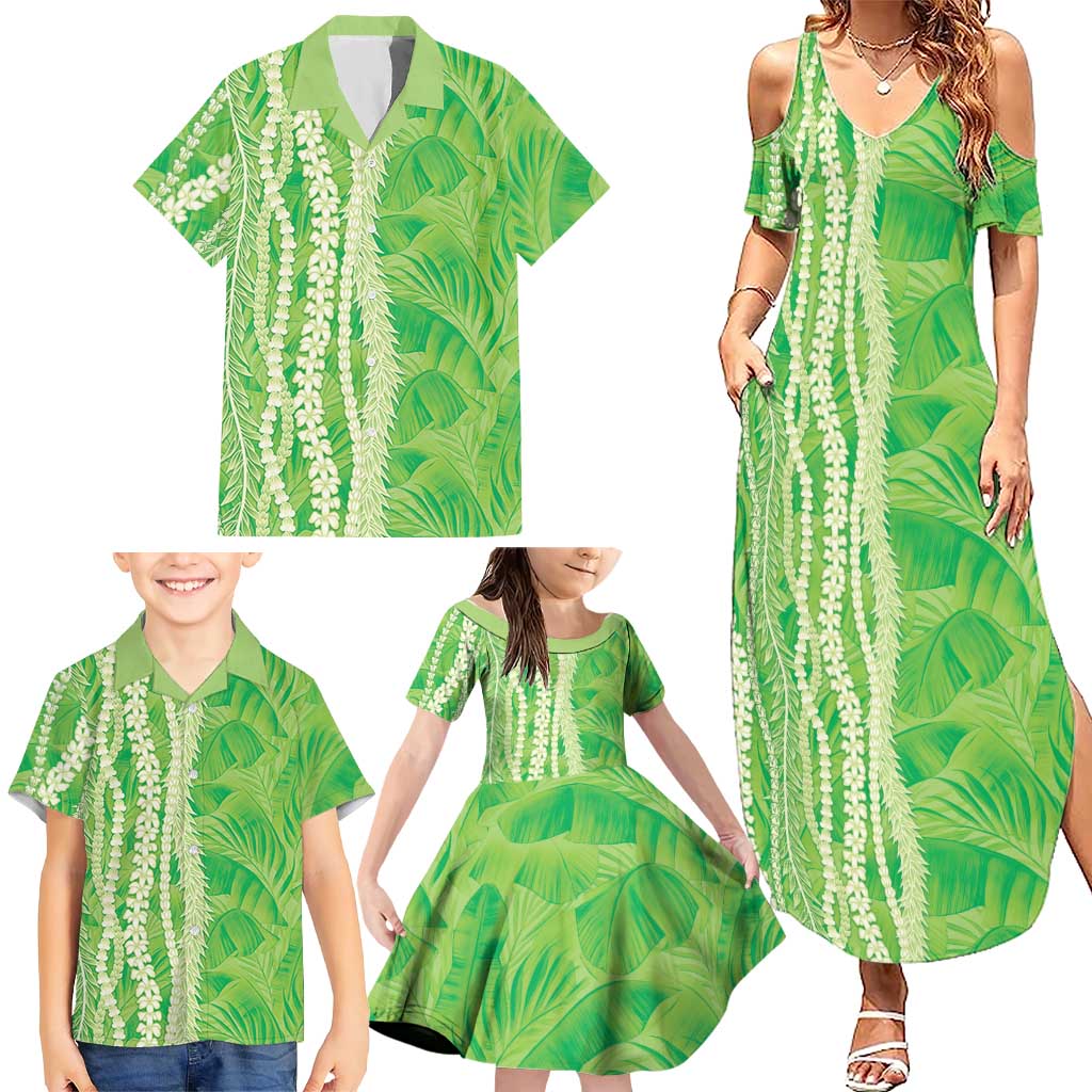 Hawaii Prince Kuhio Family Matching Summer Maxi Dress and Hawaiian Shirt Lime Green Hawaiian Lau Maia With Leis
