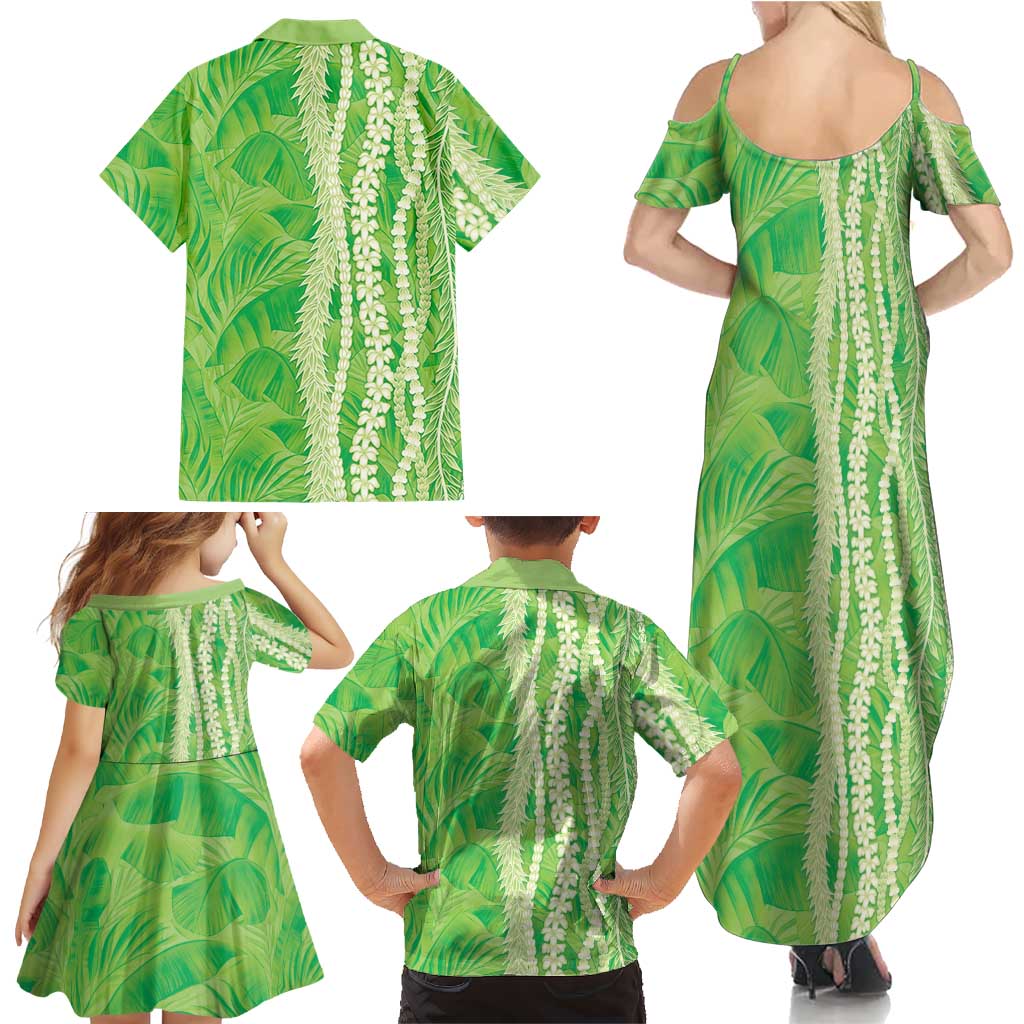 Hawaii Prince Kuhio Family Matching Summer Maxi Dress and Hawaiian Shirt Lime Green Hawaiian Lau Maia With Leis