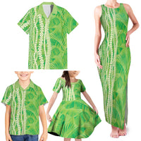 Hawaii Prince Kuhio Family Matching Tank Maxi Dress and Hawaiian Shirt Lime Green Hawaiian Lau Maia With Leis