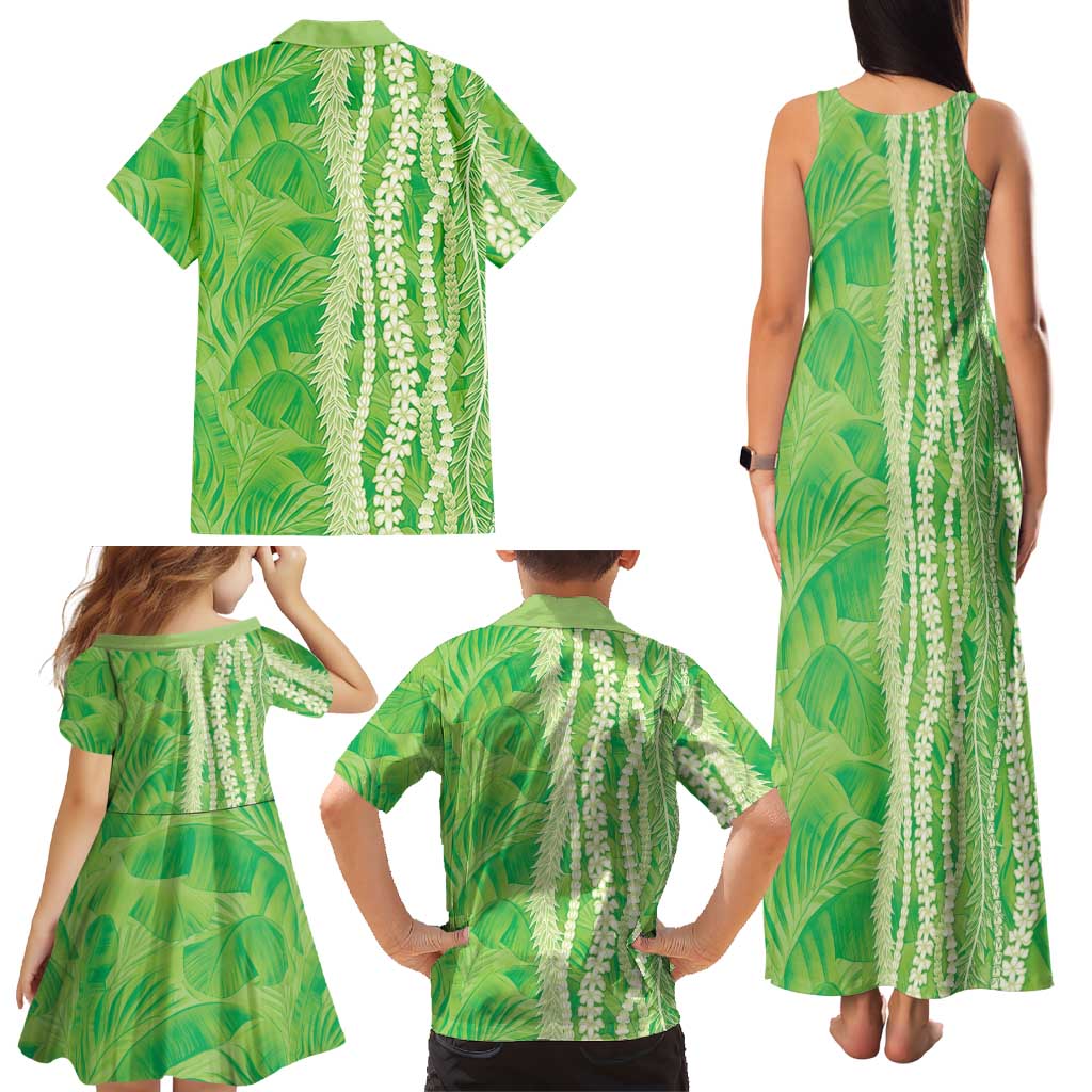 Hawaii Prince Kuhio Family Matching Tank Maxi Dress and Hawaiian Shirt Lime Green Hawaiian Lau Maia With Leis