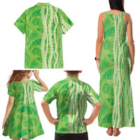 Hawaii Prince Kuhio Family Matching Tank Maxi Dress and Hawaiian Shirt Lime Green Hawaiian Lau Maia With Leis