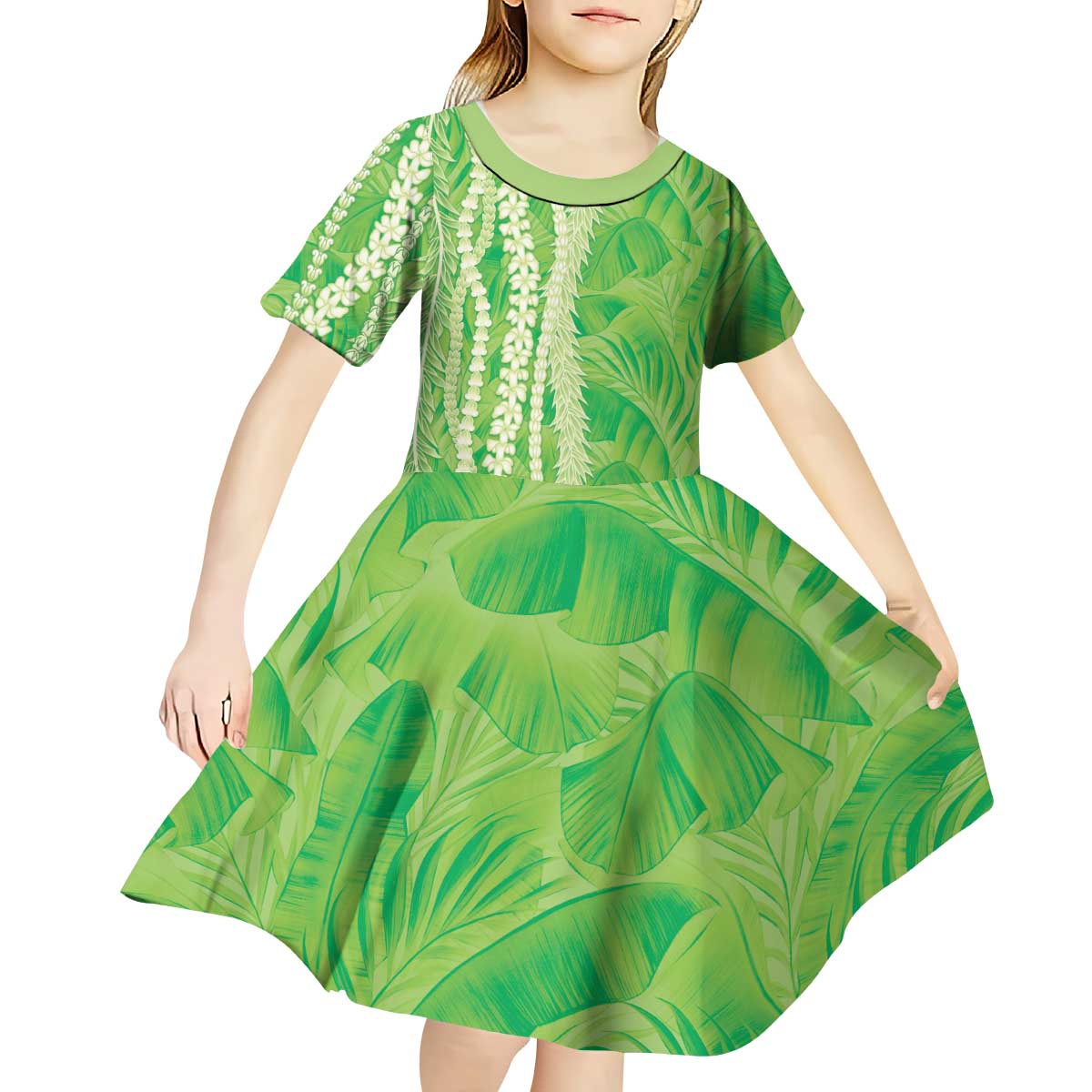 Hawaii Prince Kuhio Kid Short Sleeve Dress Lime Green Hawaiian Lau Maia With Leis LT05 - Polynesian Pride
