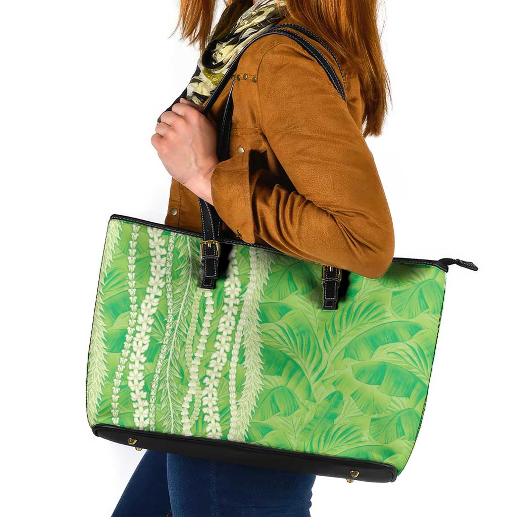 Hawaii Prince Kuhio Leather Tote Bag Lime Green Hawaiian Lau Maia With Leis LT05 Green - Polynesian Pride