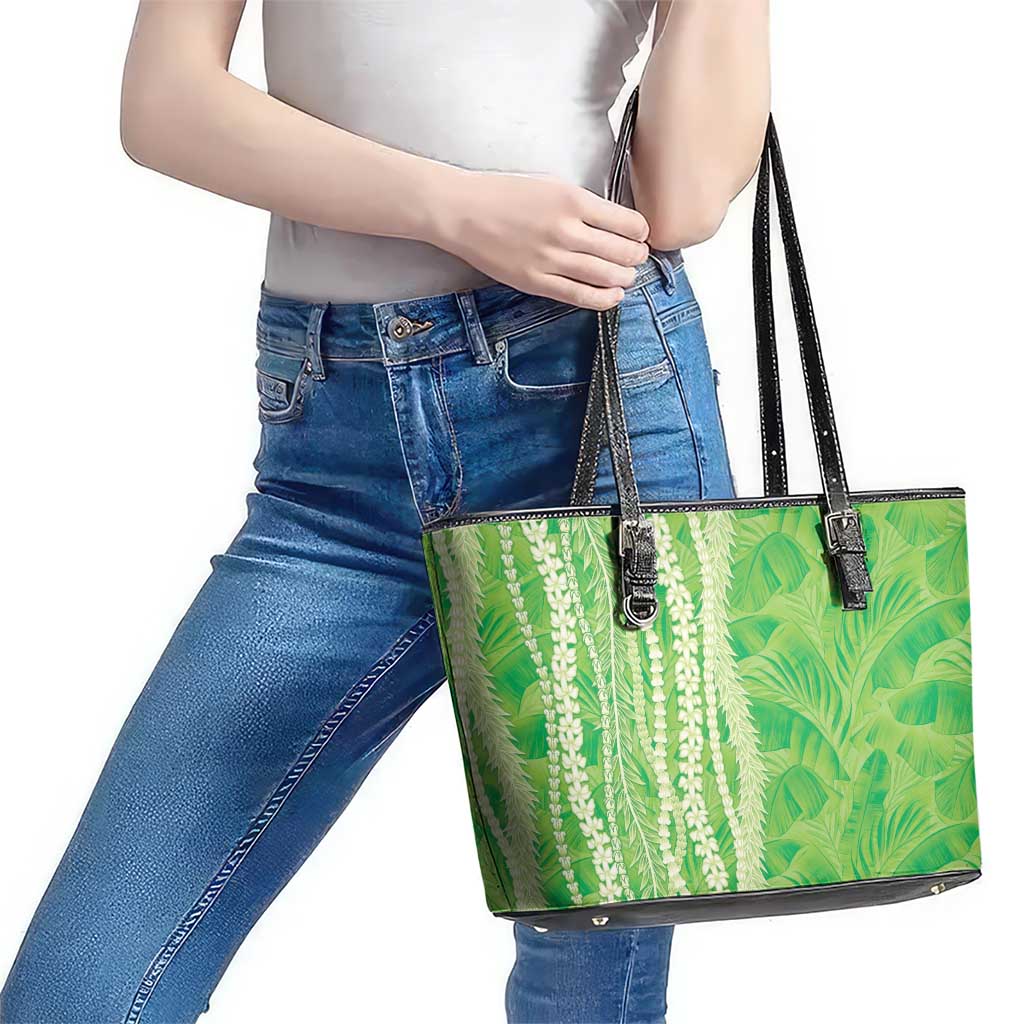Hawaii Prince Kuhio Leather Tote Bag Lime Green Hawaiian Lau Maia With Leis LT05 - Polynesian Pride