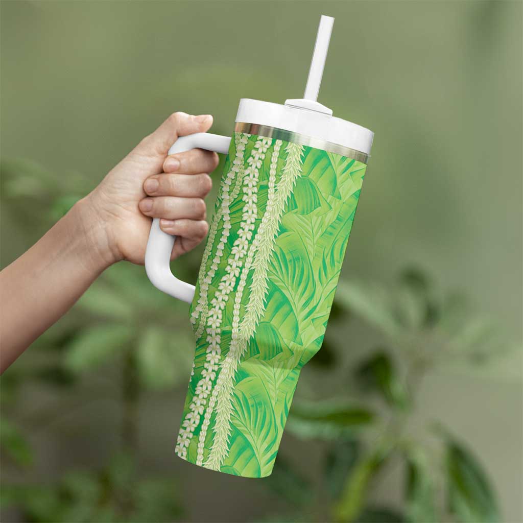 Hawaii Prince Kuhio Tumbler With Handle Lime Green Hawaiian Lau Maia With Leis LT05 - Polynesian Pride