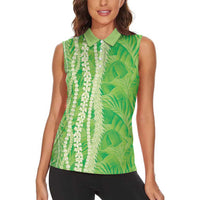 Hawaii Prince Kuhio Women Sleeveless Polo Shirt Lime Green Hawaiian Lau Maia With Leis