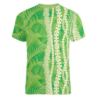 Hawaii Prince Kuhio Women V-Neck T-Shirt Lime Green Hawaiian Lau Maia With Leis