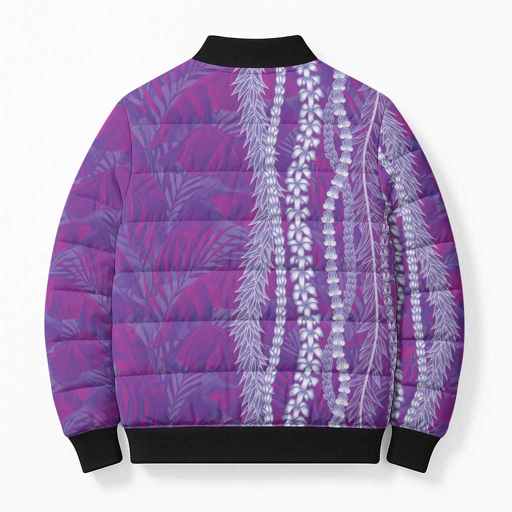 Hawaii Prince Kuhio Bomber Puffer Jacket Violet Hawaiian Lau Maia With Leis LT05 - Polynesian Pride