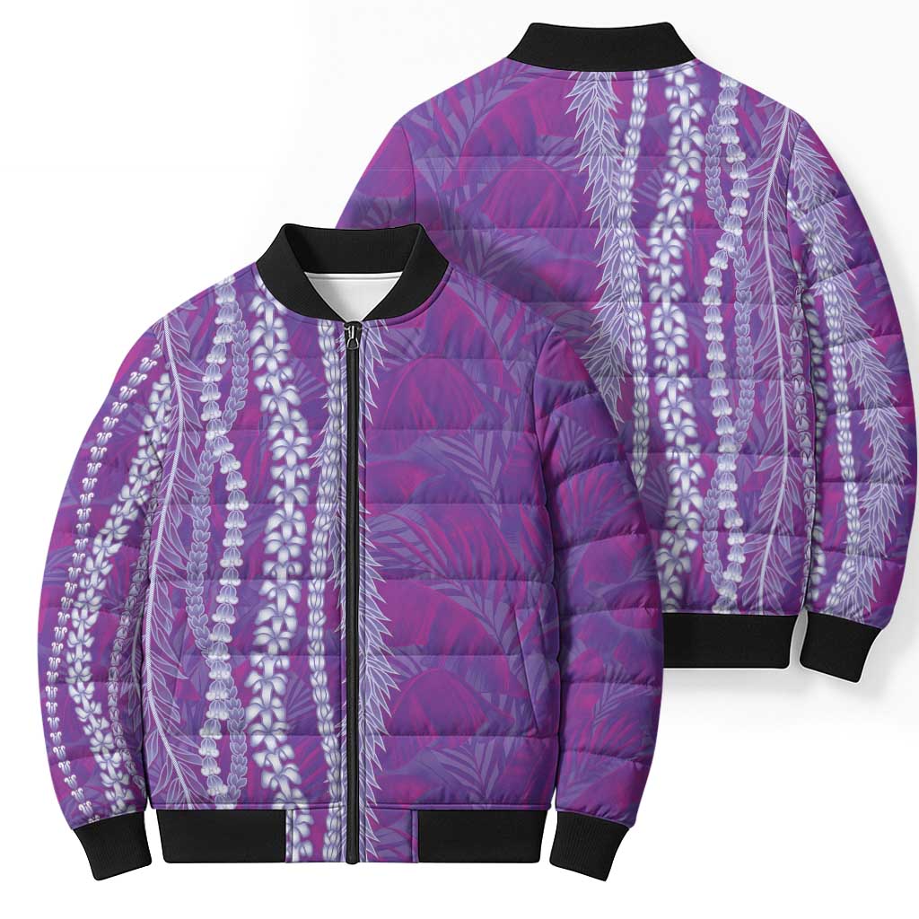 Hawaii Prince Kuhio Bomber Puffer Jacket Violet Hawaiian Lau Maia With Leis LT05 - Polynesian Pride