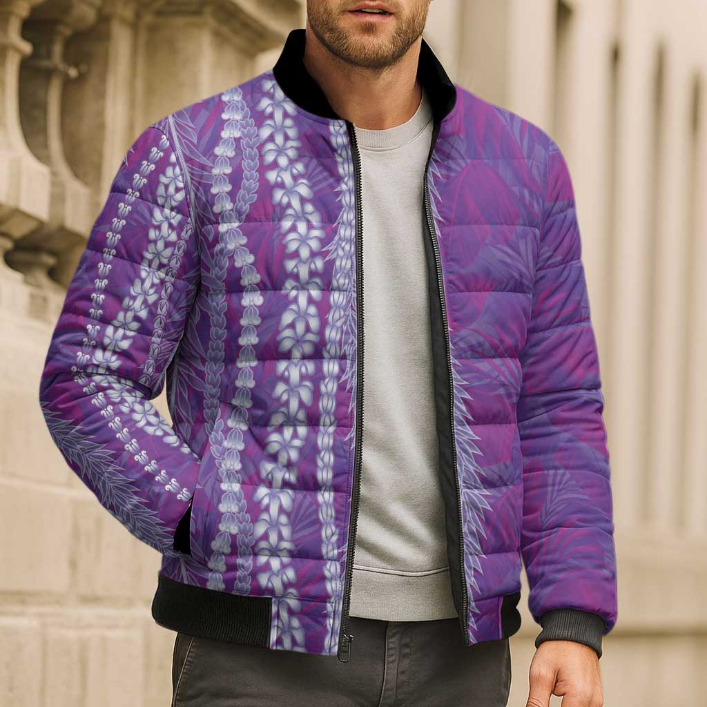 Hawaii Prince Kuhio Bomber Puffer Jacket Violet Hawaiian Lau Maia With Leis LT05 - Polynesian Pride