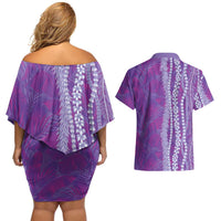 Hawaii Prince Kuhio Couples Matching Off Shoulder Short Dress and Hawaiian Shirt Violet Hawaiian Lau Maia With Leis