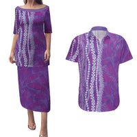 Hawaii Prince Kuhio Couples Matching Puletasi and Hawaiian Shirt Violet Hawaiian Lau Maia With Leis