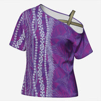 Hawaii Prince Kuhio Cross Shoulder Shirt Violet Hawaiian Lau Maia With Leis LT05 Female Violet - Polynesian Pride
