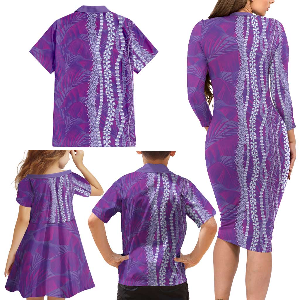 Hawaii Prince Kuhio Family Matching Long Sleeve Bodycon Dress and Hawaiian Shirt Violet Hawaiian Lau Maia With Leis