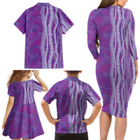 Hawaii Prince Kuhio Family Matching Long Sleeve Bodycon Dress and Hawaiian Shirt Violet Hawaiian Lau Maia With Leis