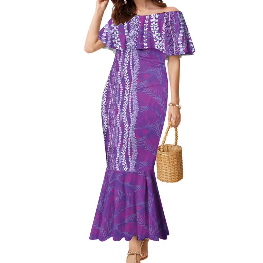Hawaii Prince Kuhio Family Matching Mermaid Dress and Hawaiian Shirt Violet Hawaiian Lau Maia With Leis