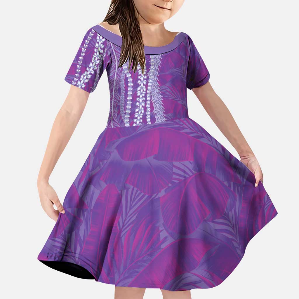Hawaii Prince Kuhio Family Matching Off The Shoulder Long Sleeve Dress and Hawaiian Shirt Violet Hawaiian Lau Maia With Leis