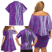 Hawaii Prince Kuhio Family Matching Off Shoulder Short Dress and Hawaiian Shirt Violet Hawaiian Lau Maia With Leis