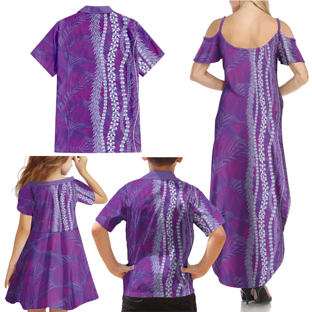 Hawaii Prince Kuhio Family Matching Summer Maxi Dress and Hawaiian Shirt Violet Hawaiian Lau Maia With Leis